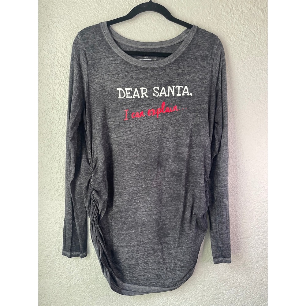 Motherhood Maternity Top Dear Santa Long‎ Sleeve Gray Ruched L